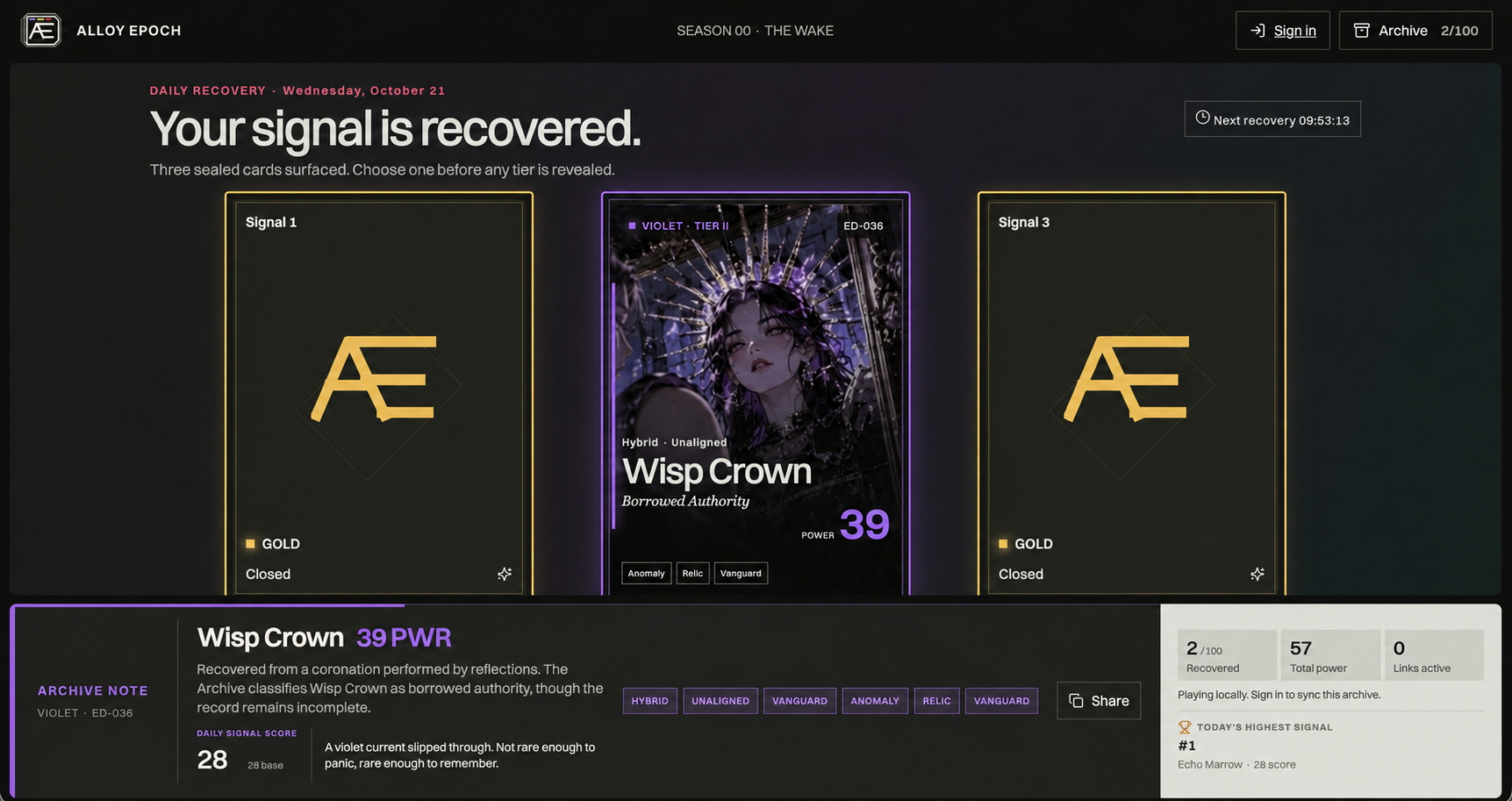 Alloy Epoch daily recovery screen showing three signals and the recovered Wisp Crown card