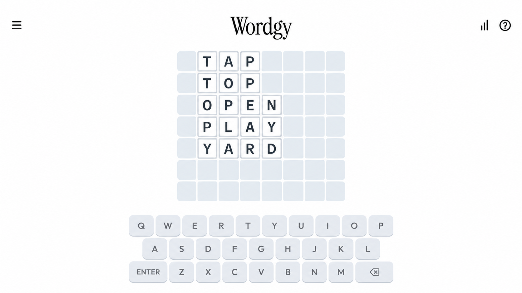 Wordgy daily word-chain board with linked words and an on-screen keyboard